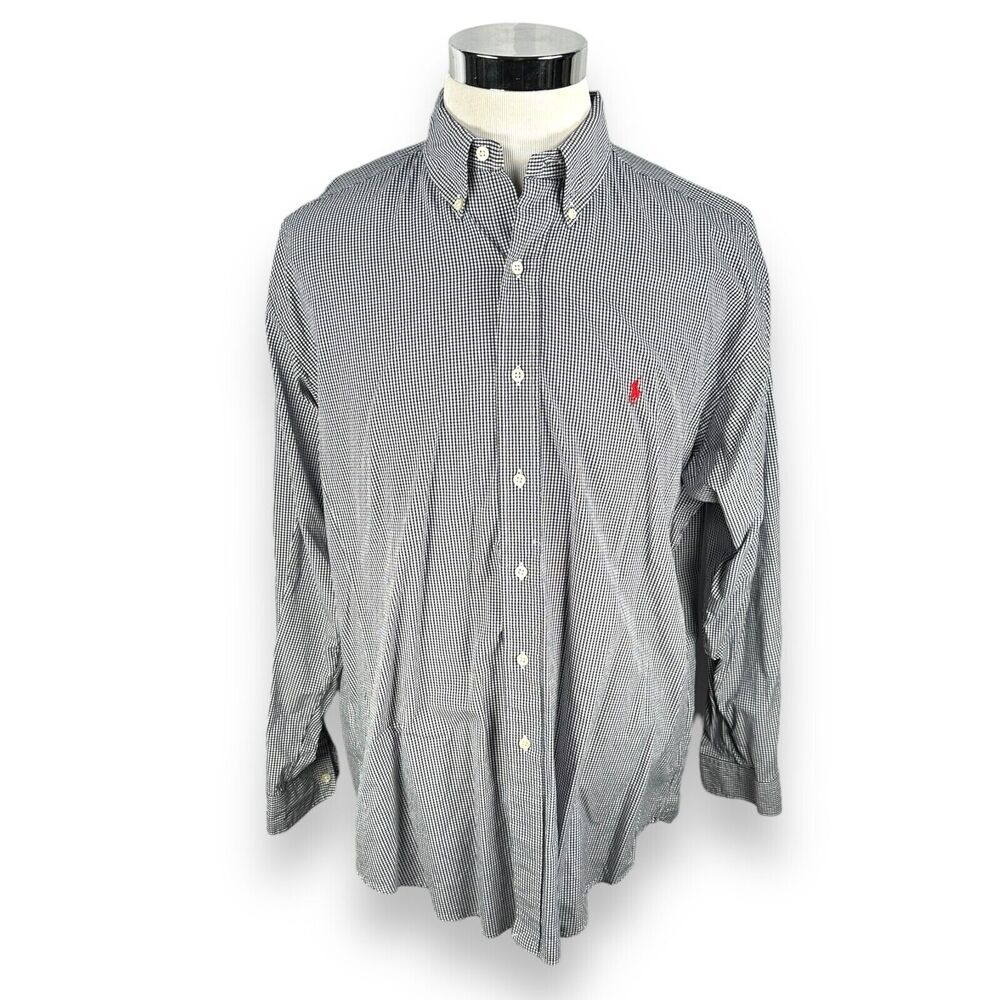 Polo Ralph Lauren Shirt Men's Large‎ Navy Blue Micro Gingham Button Blake Cotton